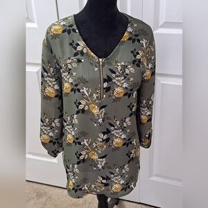 Olive Green Floral Front Blouse With 1/4 Zip